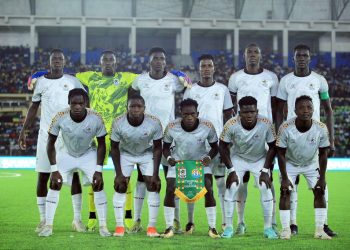 Uganda Hippos first eleven pose for a photo just before kick-off of the match against Ethiopia in the Dire Cup. Photo Credit: FUFA